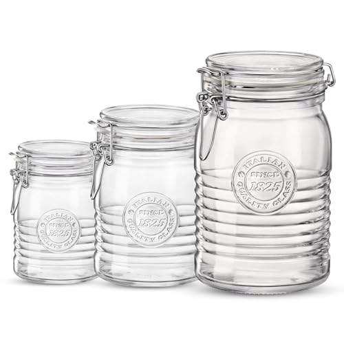 Bormioli Rocco Officina 1825, Set of 3 - Clear Glass Jars with Swing Top - Vintage Industrial Style Airtight Containers for Dry Food Storage, 33.75 Oz, 25.25 Oz, 17 Oz - Dishwasher Safe, Made in Italy