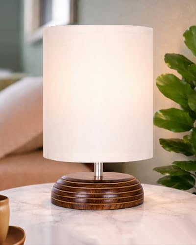 Image of Homesake Wooden Base Table Lamp with Fabric Drum Shade Aara | Warm Ambient Bedside Lamp for Bedroom, Living Room, Study, Office, Modern Classic Night Lamp Home Decor, (KD Off-White)
