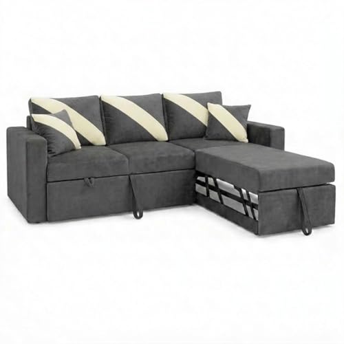 Image of FURNY Trivia 4 Seater RHS Lounger Sofa Cum Bed (Dark Gray) with Pull-Out Function | Luxury Velvet Suede Finish | Durable Comfort | Ideal for Living Room
