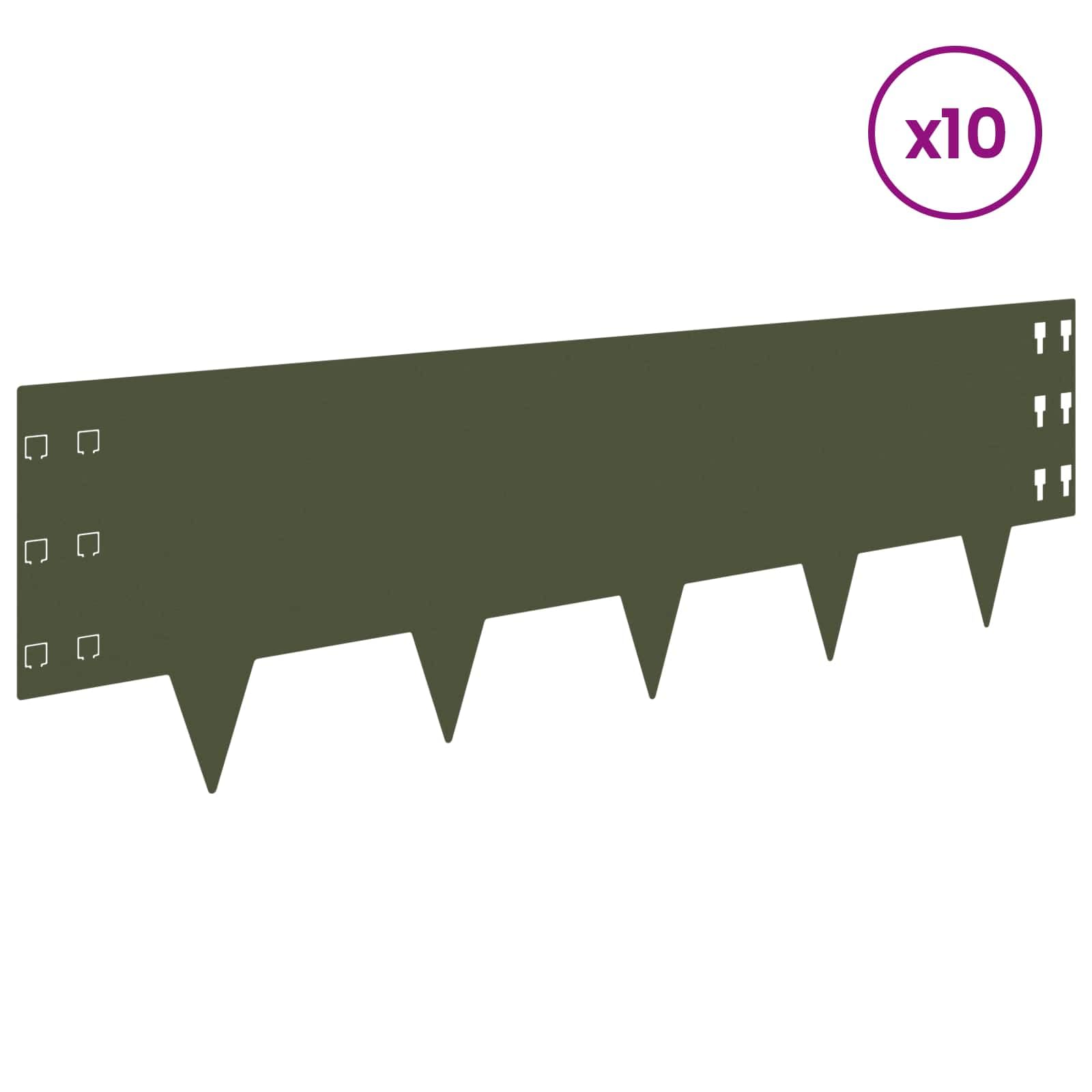 Obramowanie trawnika ze stali, 10 sztuk, 100 x 30 cm, oliwkowa zieleń, odporne na warunki atmosferyczne, elastyczne, do obrzeży rabatek, obrzeży trawnika, obrzeży grządek, bordiury, ścieżek