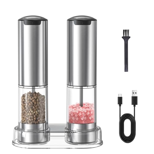 Electric Salt and Pepper Grinder Set Rechargeable Adjustable Coarseness Stainless Steel Pepper Mills With Washable 95ml Container,LED Light Light and Base,Silver NEW for Home