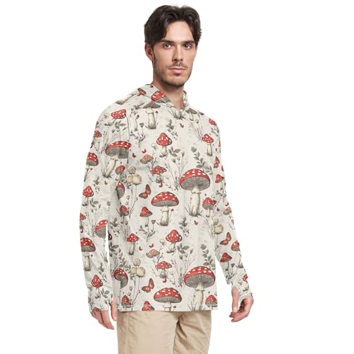 Red Mushrooms Flowers Retro Beige Sun Shirts Hoodies for Men Long Sleeve Swim Shirts UPF 50+ Farmer Shirt S2