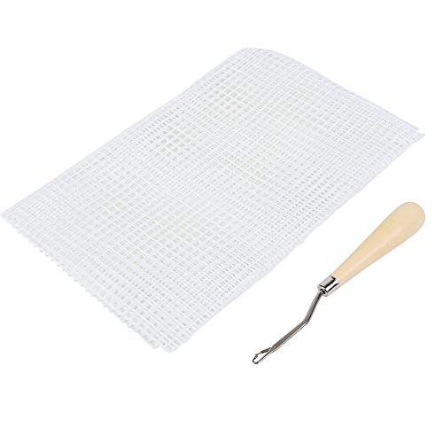 Handmade Crocheting Carpet Rug Knitting Mesh Cloth Tools Home DIY Glass Fiber for Children and Adults (Mesh Cloth 50cm + Wooden Handle Crochet Hook)