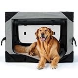 PETSEE 42 Inch Soft Collapsible Crate for Extra Large Dogs, 4-Door Portable Foldable Soft Kennel with Chew Proof Mesh Windows for Indoor & Outdoor Travel Grey