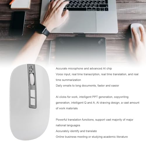 Pomya AI Mouse for ChatGPT, Smart Mouse with Voice Typing, Built in Microphone & Real Time Transcription Translation Summarization, Ergonomic Rechargeable for Desktop PC Remote Work (White) - 2