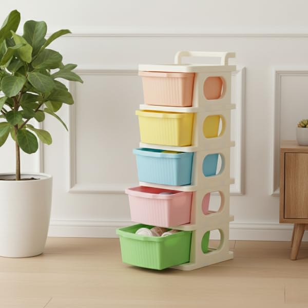 KITCHIVO™ Heavy Duty Plastic Storage Drawer with Wheels | Modular Cabinet for Bedroom, Office, Home or Classroom| Chest of Drawers Organiser for Cosmetics, Kitchen items, Toys (Multi, 5)
