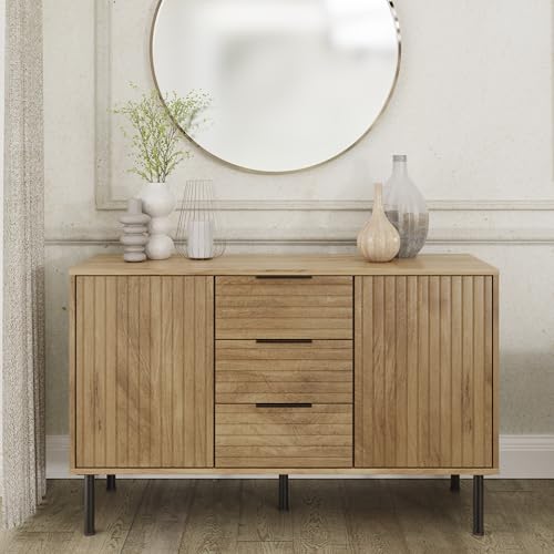 GFW Nervata Sideboard Oak Effect Storage Cabinet with 3 Drawers and 2 Doors Black and Gold Art Deco Style Sideboard for Living Room and Dining Room Furniture