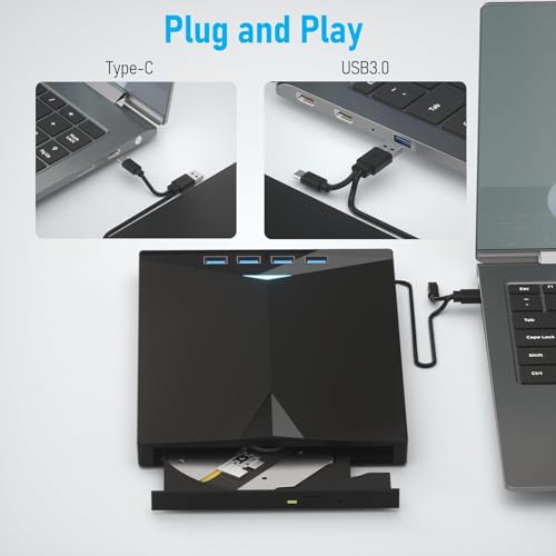Image of External CD DVD Drive Player, USB 3.0 USB-C Portable CD DVD + /-RW Disk Drive Burner CD-ROM Reader Writer for Laptop Desktop PC (DVD Writer - XD010)