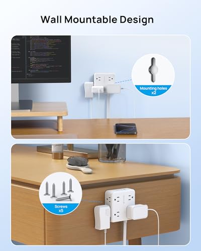 Image of TROND Power Strip, 360 Rotating Flat Plug, 8 Widely Spaced Outlets, 3C1U, Flat Plug Extension Cord 5ft, 1440J Surge Protector for Home Office, White
