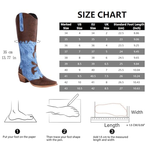 Image of Cozivwaiy Women Denim Cowboy Boots Patchwork Knee High Boots Jean Blue Cowgirl Boot Western Mid Calf Jeans Shoes Pointed Toe Chunky Heel Pull On