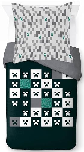 Jay Franco Minecraft Creeper Juego de Funda Nórdica – Ropa de Cama Súper Suave para Niños con Funda de Almohada, Solo Funda NÓRDICA (Relleno No Incluido), Verde, Juego de 2 Piezas Individual