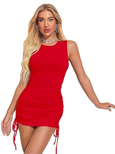 Image of LONDON BELLY Women's Solid Pattern Polyester Blend Bodycon Mini Dress with Drawstring Fitted Closure Type Round Neck and Sleeveless Thigh Length | One Piece Dresses for Women