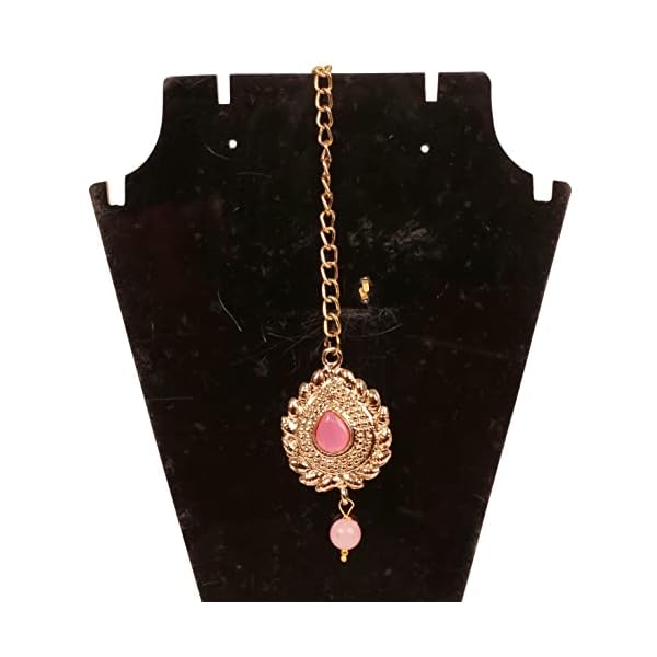 New! Touchstone Indian Bollywood Traditional Grain Work Petals Patterns Studded Diamond Look Faux Rose Quartz Designer Jewelry Mangtika Accessory in Antique Gold Tone for Women. - Image 7