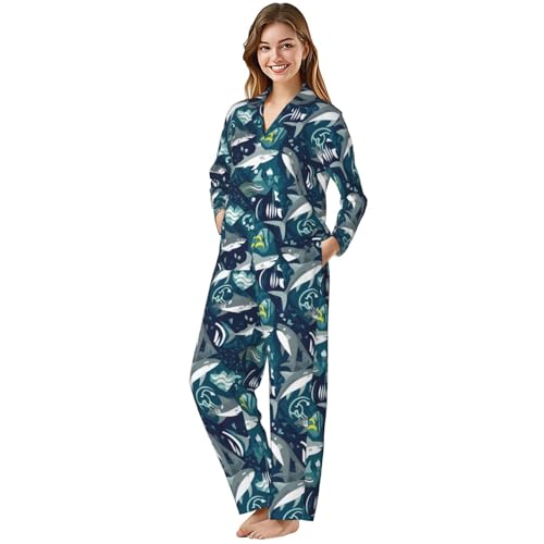 Image of Women'S Long Sleeve Pajama Set Soft Loungewear Button-Down Top & Elastic Waist Pants S- 2XL