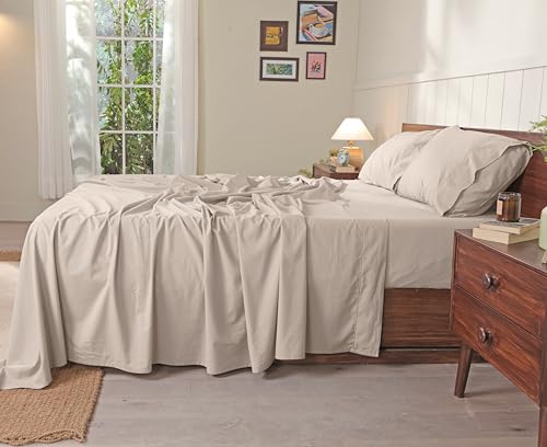 Image of RUVANTI 100% Cotton Percale Sheets Full - Crisp Cooling Summer Bed Sheets for Hot Sleepers, Deep Pocket 14 inch, Soft Peach Finish, Breathable & Durable Hotel-Style 4 Piece Set, Linen