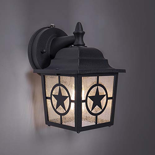 Coramdeo Country Star Outdoor Dusk To Dawn Farmhouse Porch Light For Porch, Patio, And More, E26 Standard Socket, Suitable For Wet Location, Black Powder Coat Cast Aluminum With Seedy Glass #TOP4