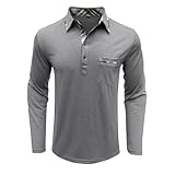 Long Sleeve Polo for Men Classic Button Basic Tees Casual Slim Fit Shirt Fashion Thermal Collared Tops with Pocket（2-Light Gray,Small）