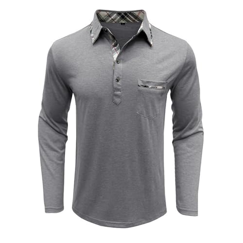 Long Sleeve Polo for Men Classic Button Basic Tees Casual Slim Fit Shirt Fashion Thermal Collared Tops with Pocket（2-Light Gray,Small）