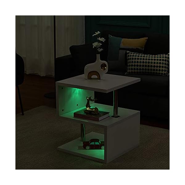 Multifunction S Shape Coffee End Table, 2 Tier Storage Modern Design Side Table storage Shelves with LED Lights for Display White - Image 9