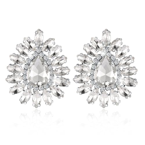 HZMAN Crystal Flower Stud Earring for Women Bridal Dainty Vintage Large Rhinestone Earring Novel Irregular Earring Wedding Party Prom Jewelry Gift (Silver)