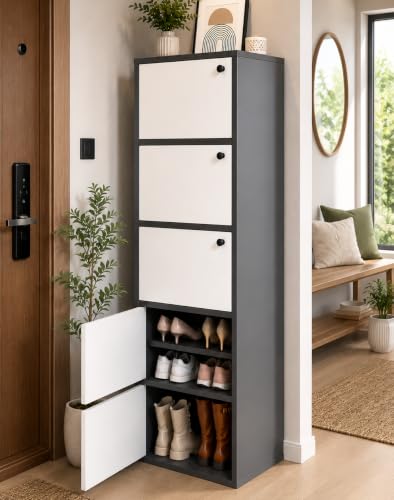 Image of EXVITO Modern Tall Shoe Cabinet, Wooden Flip Door Shoe Storage Cabinet, 5-Door Narrow Entryway Shoe Organizer with Multi-Tier Shelves, Space Saving Shoe Rack for Hallway, Apartment & Home - Black