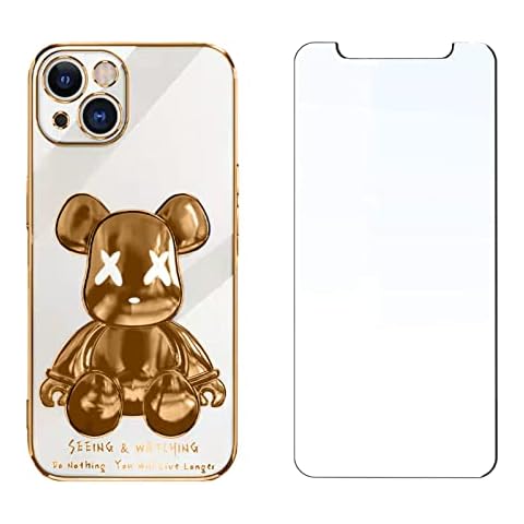 Oniuk Compatible for iPhone 12 Pro Max 6.7 inch Creative Cute Bear Soft TPU Case with 1 Pack Tempered Glass Screen Protector [Drop Protection] [Shock-Absorbing Corners], Golden Cover