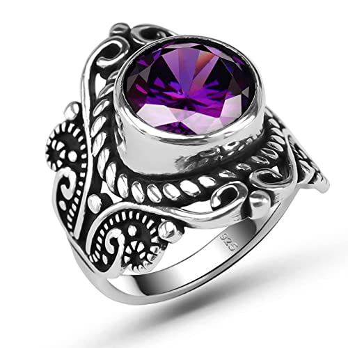 925 Sterling Silver Simulated Purple Amethyst Stone Luxury Statement Birthstone Ring for Women, 6, Metal Stone, simulated-amethyst