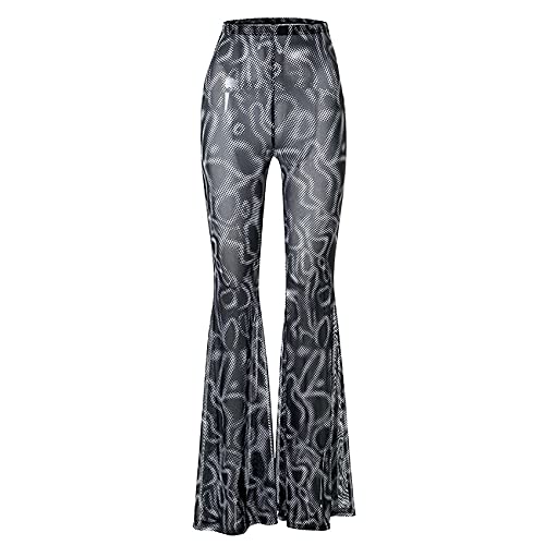 Women’s High Waist Rave Mesh Sheer Pants Flared Bell Bottom Pants for Rave Festival Dance Clubwear