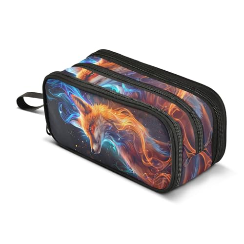 Image of Orange Blue Fire Fox Pencil Case Large Capacity Pencil Pouch Boys Girls 3 Compartment Pen Bag School Office Stationery Organizer