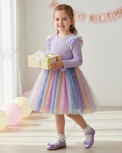 JiAmy Rainbow Dresses for Girls Ruffle Long Sleeves Dress Kids Sequins Ribbed Knit Tulle Skirt with Belt Party Birthday Dress for 1-2T, Purple - Image 2