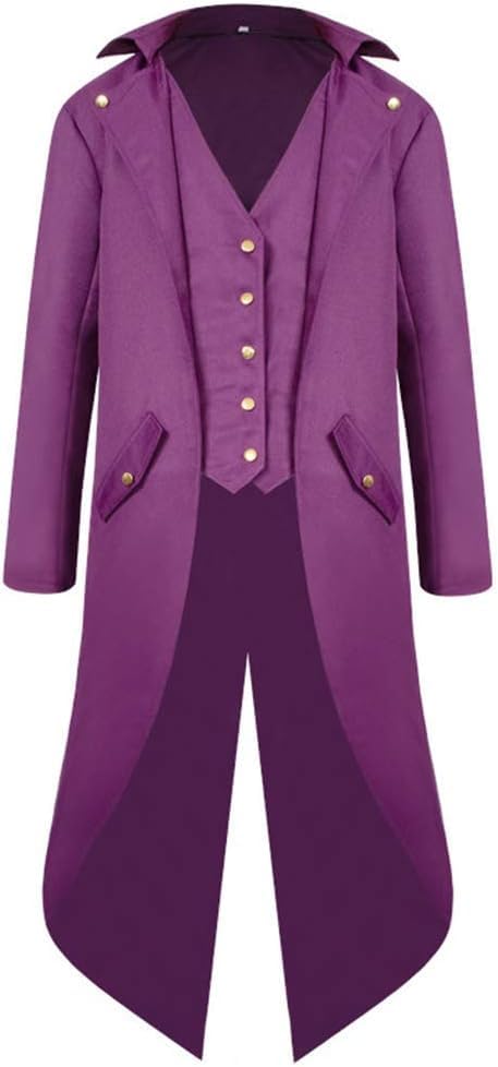YQVGFBY Men's Gothic Steampunk Tailcoat Men,Medieval Victorian Vintage Jacket Uniform Long Tuxedo,Renaissance Pirate Vampire Party Cosplay Costumes for Adults Men (Purple - Image 2