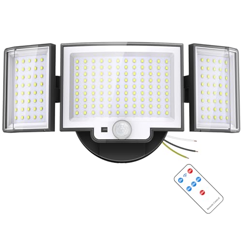 CLAONER 20W 3000LM LED Security Lights Motion Sensor Outdoor Lights, 6500K Daylight Remote Control, 3 Modes Dusk to Dawn, Waterproof 3 Heads Hardwired Flood Light for Driveway, Garage, Porch (1 Pack)