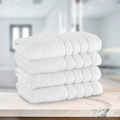 Image of Elegant Comfort 100% Turkish Cotton 4 Lines Viscose Stripe Luxury 4 Pack Hand Towel Set - Ultra Absorbent and Soft 16 x 28 Inch Premium Hotel Spa Quality Towels for Everyday Bath Use, White