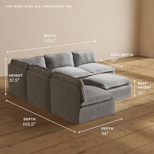 Anabei Modular Washable 5-Seater Open-Ends Corner Sectional + Ottoman in Ash | Deluxe+ Seat | Cloud Pillow