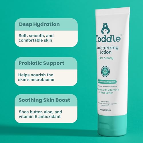 Image of Toddle Probiotic Moisturizing Lotion for Face & Body, Eczema & Dry Skin Relief, Fragrance-Free with Vitamin E, Shea Butter for Sensitive Baby & Kids Skin, Pediatrician-Approved, 3.4oz