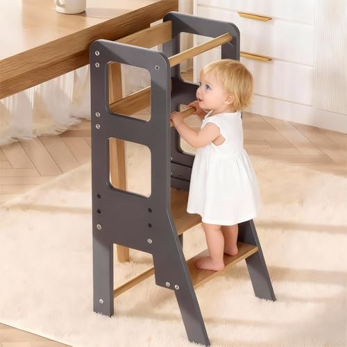 Toddler Learning Tower,Kitchen Wooden Step Stool for Kids,Adjustable Height,Safety Bar,Learning Standing Tower,Bathroom Helper Montessori,Easy to Install,Triangle Stable Structure,Dark Grey