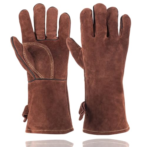 LAIKEANDUN Premium Leather Gloves For Winter Work & Welding Heat Fire Resistant Cowhide Gloves For Men & Women 14 Inch 662? Anti-Scald Baking BBQ and Oven Gloves Durable Cow Split Welders