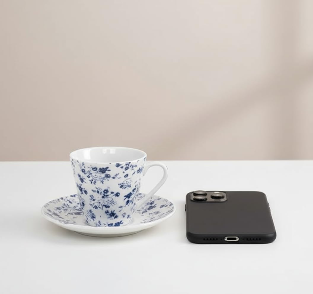 Service à café 6 petites tasses 90 ml avec assiette, céramique blanche avec fleurs bleues vintage, passe au lave-vaisselle et au micro-ondes, pour invités de fête