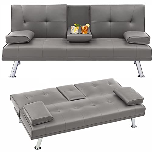 MIERES Convertible Futon Sofa Bed, Recliner Couch Modern Faux Leather Fold Up and Down with 2 Cup Holders for Home,Living Room,Bedroom, Cool Gray MIERES Convertible Futon Sofa Bed, Recliner Couch Modern Faux Leather Fold Up and Down with 2 Cup Holders for Home,Living Room,Bedroom, Cool Gray