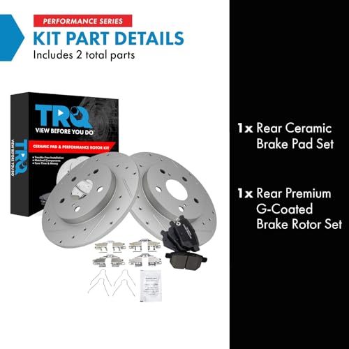 Image of TRQ Performance Rear Brake Pad and Rotor Set Ceramic Coated Drilled Slotted Compatible with 2016 Scion iM 2008-2015 xB 2017-2018 Toyota Corolla iM 2009-2013 Matrix
