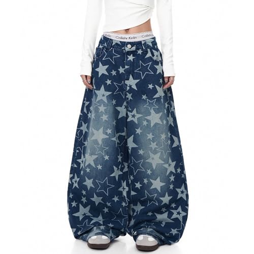 Y2K Retro Star Printed Washed Denim Jeans Suitable for Both Men and Women, Loose and Casual Wide Leg Pants2