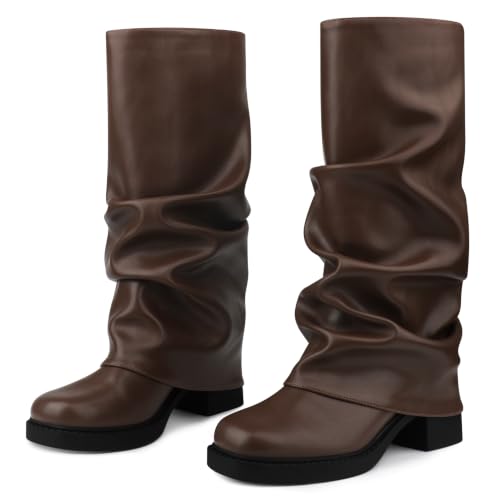 Image of Women's Fold Over Slouchy Mid-calf Boots Square Toe Low Chunky Block Heel Boots