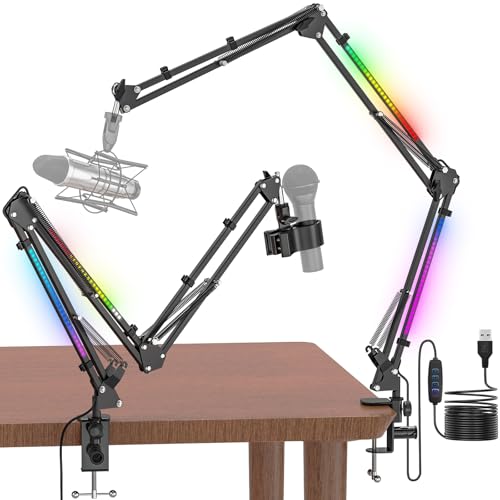 Mikrofon Boom Arm mit RGB Licht, Mikrofonarm Schreibtisch mit 3/8" bis 5/8" Schraube, Verstellbare Mikrofon Halterung Tisch mit Tischklemme, Perfekt für TikTok Live-Streaming, Singe