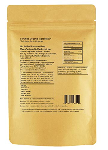 Carmel Organics Organic Triphala Powder 8 Oz Or 1/2 Lb For Digestive Support | Usda Certified | Non Gmo #TOP1