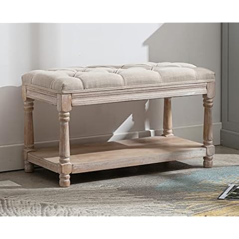 Kmax Storage Entryway Bench Tufted Shoe Rack Bench Wood Window Bench for Hallway Entrance Bedroom Corner-1 Seat, Beige Cover