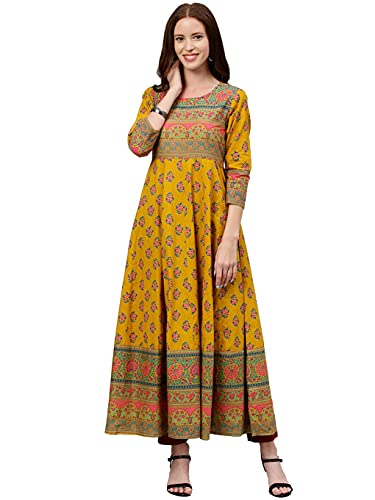 Kurtis for Womens Ethnic Partywear Indian Pakistani Anarkali Dress Kurta for Women Tunic Top (Mustard Yellow-1, Large, l)