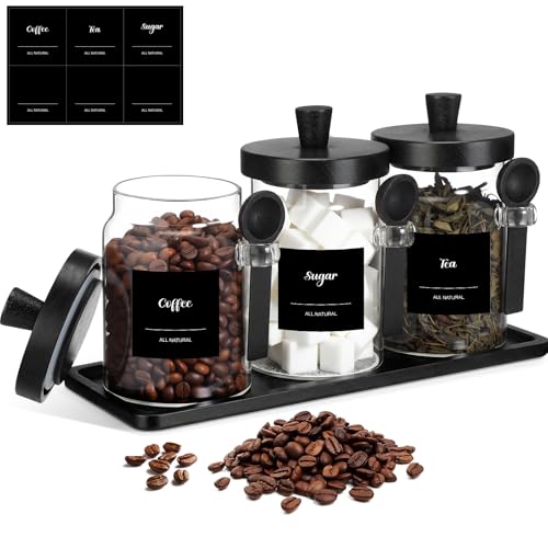 Image of Suclain 3 Pcs Glass Coffee Container Set, 20 oz, Black Bamboo