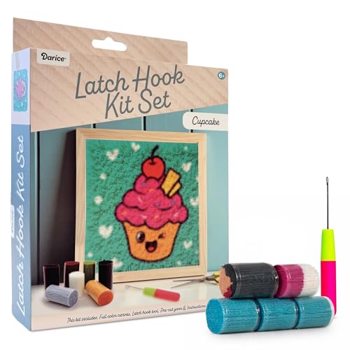Image of Darice Latch Hook Rug Kit, Cupcake Design DIY Latch Hook Kit for Kids & Adults, Color Canvas, PreCut Yarn & Hook Tool, Craft Activity & Gift for Kids