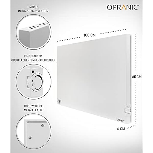 OPRANIC Riscaldamento a infrarossi di alta qualità con termostato, 900 Watt, ibrido a infrarossi e convettore, riscaldamento elettrico a risparmio energetico, riscaldatore a parete, riscaldatore