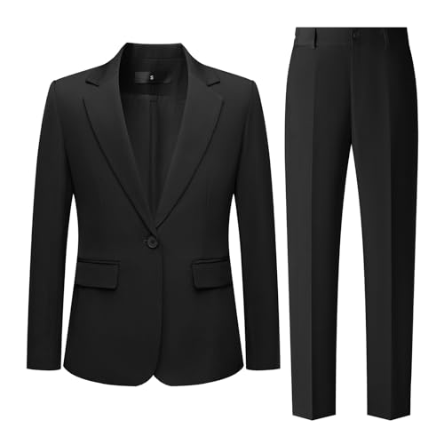 Women's 2 Piece Pant Suit Dressy Business Casual Outfits Notched Collar Blazer Professional Pantsuits Set for Work Office Black